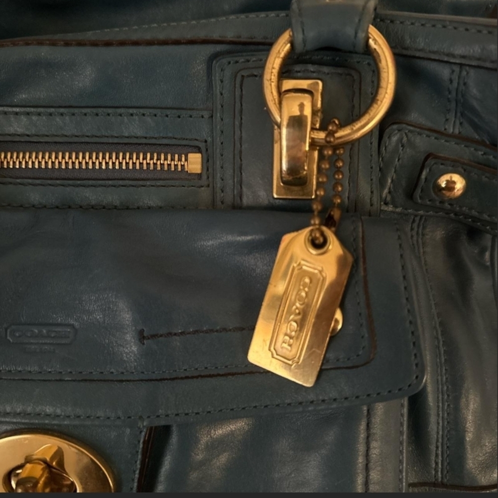 Coach Teal Leather Hampton Lindsay Satchel Handbag with Gold Hardware - Picture 2 of 8